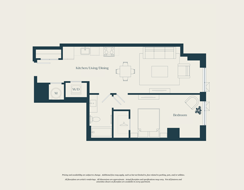 Floor plan for 1 bed, 1 bath, 709 sqft